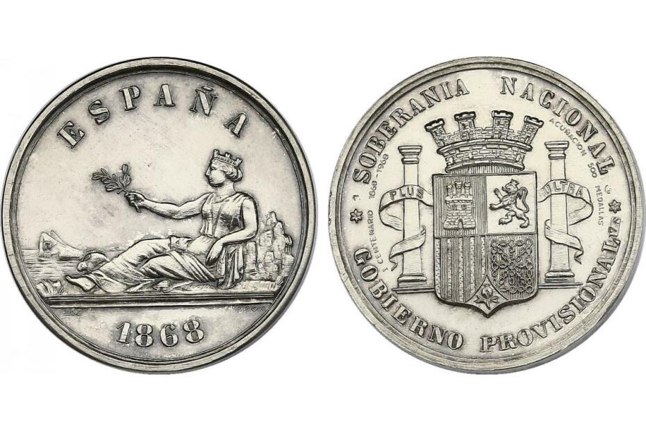 Ag-Medaille (nach 5 Pesetas) 1968 auf "100 Jahre Provisorische Regierung" f.stgl., R