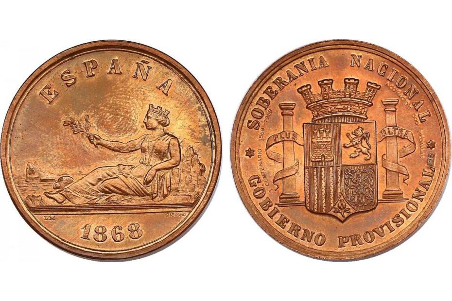 Cu-Medaille (nach 5 Pesetas) 1968 auf "100 Jahre Provisorische Regierung" stgl. R