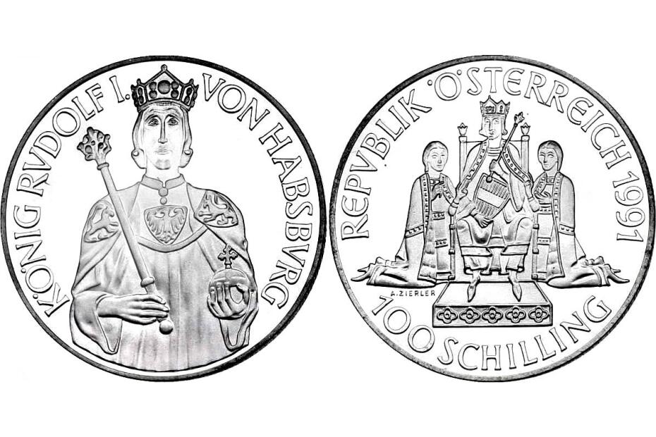 100 Schilling 1991  Rudolf I. v.Habsburg   Etui.Zert., pp