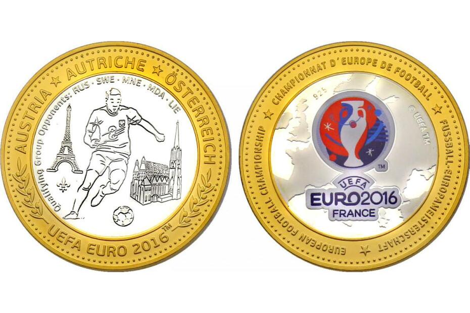 Ag-Medaille UEFA 2016 - Teilnehmerland Österreich (mit Zertifikat) pp. mit vergoldetem Rand + Farbapplikation