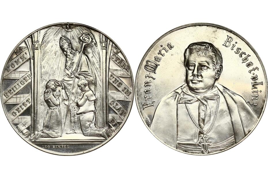 Ag-Medaille Firmung von Leo Zimpel "Firmszene/Bischof von Linz" (42mm)  f.stgl./vz+