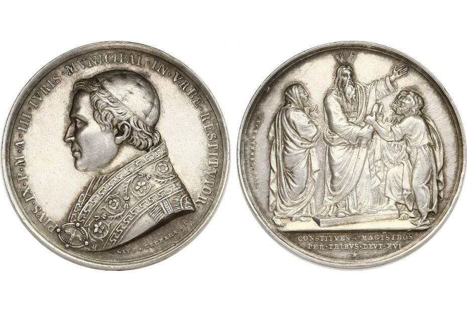 Ag-Medaille Pius IX. "CONSTITVES MAGISTBOS PER TRIBVS DEVT XVI" (1848 A)  vz