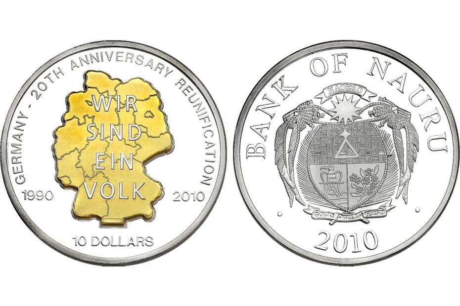 10 Dollar 2010 "Wiedervereinigung" KM.--  pp mit Goldapplikation