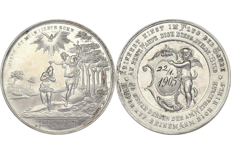 Ag-Medaille o.J. Taufmedaille (Jordantaufe/Engel mit Schild) von Leo Zimpel poliert, vz