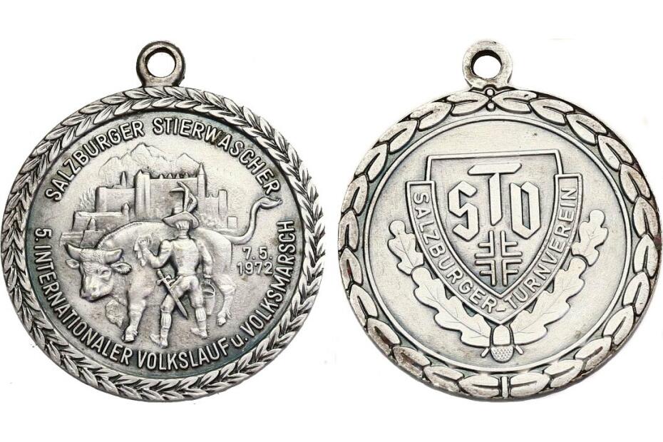 Österreich - Salzburg Br-Medaille 1972 Salzburger Turnverein - 5 Internationaler Volkslauf u. Volksmarsch vz, versilbert mit Henkel