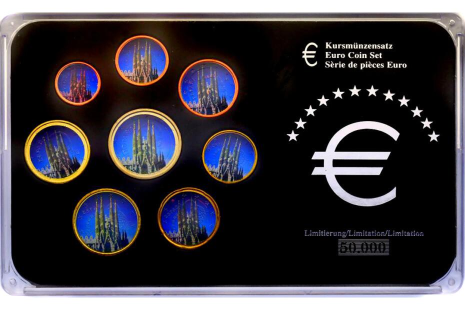 KMS Typensatz (Cent - 2 Euro) unc. mit Farbmotiv "Sagrada Familia" in Hartplastikverpackung
