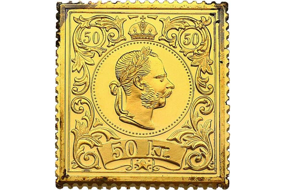 Österreich Ag-Barren o.J. Serie  Magna Austria - Briefmarke 50 Kreuzer (Franz Joseph) unc., vergoldet