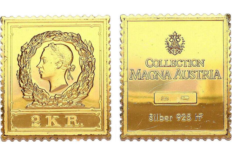 Österreich - II.Republik Ag-Plakette o.J. Serie Magna Mater - 2 Kreuzer Briefmarke mit Franz Joseph - Kopf feine Kratzer, unc., vergoldet