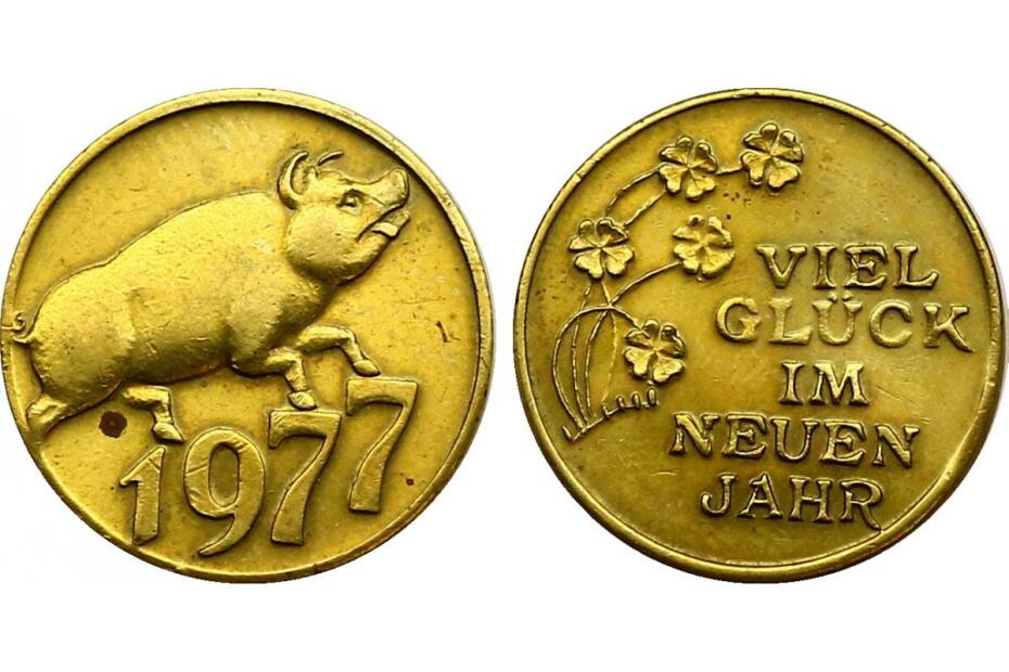 Br-Jeton 1977 "Viel Glück im Neuen Jahr" (Glücksschwein)  vergoldet